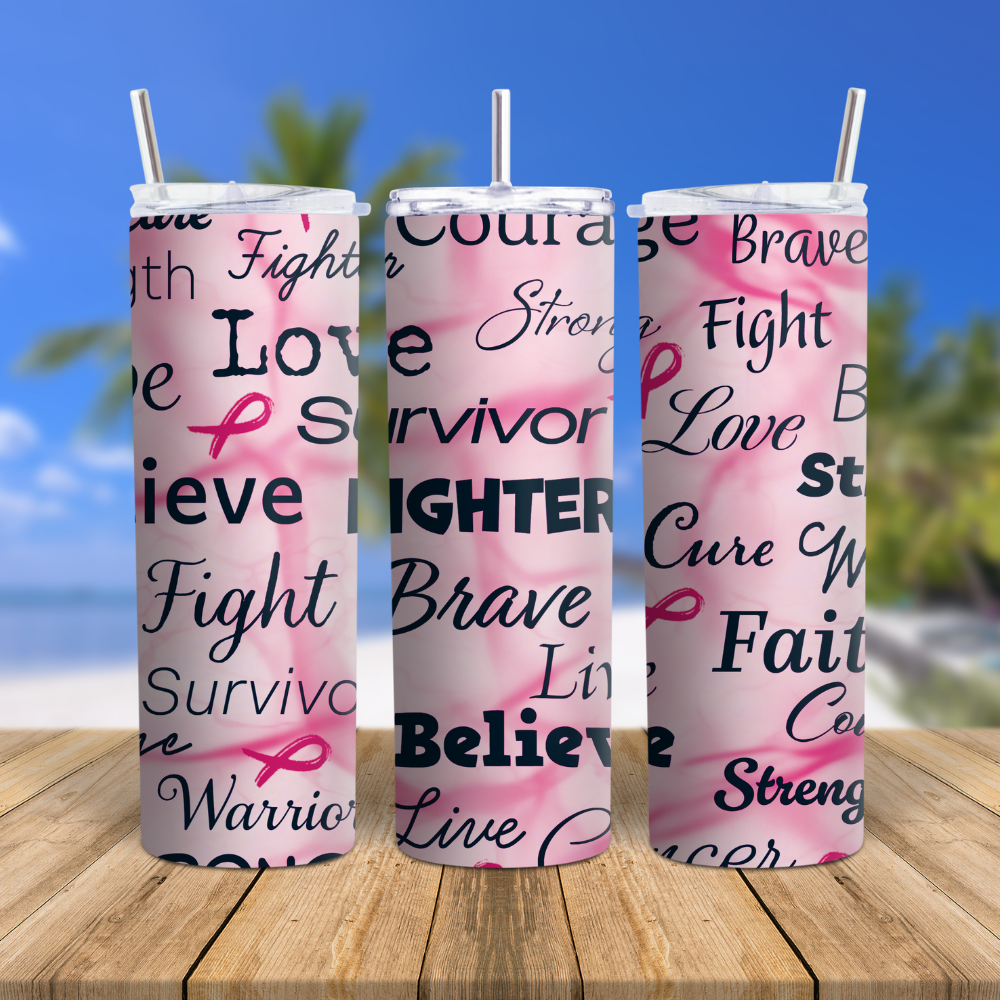 Breast Cancer Survivor Pink Ribbon Insulated Tumbler with Metal Straw, Lid, Free Sticker