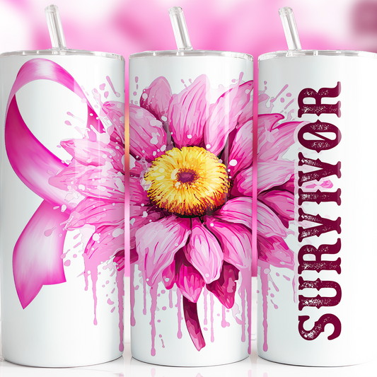 Breast Cancer Survivor Pink Flower & Ribbon Insulated Tumbler with Metal Straw, Lid, Free Sticker